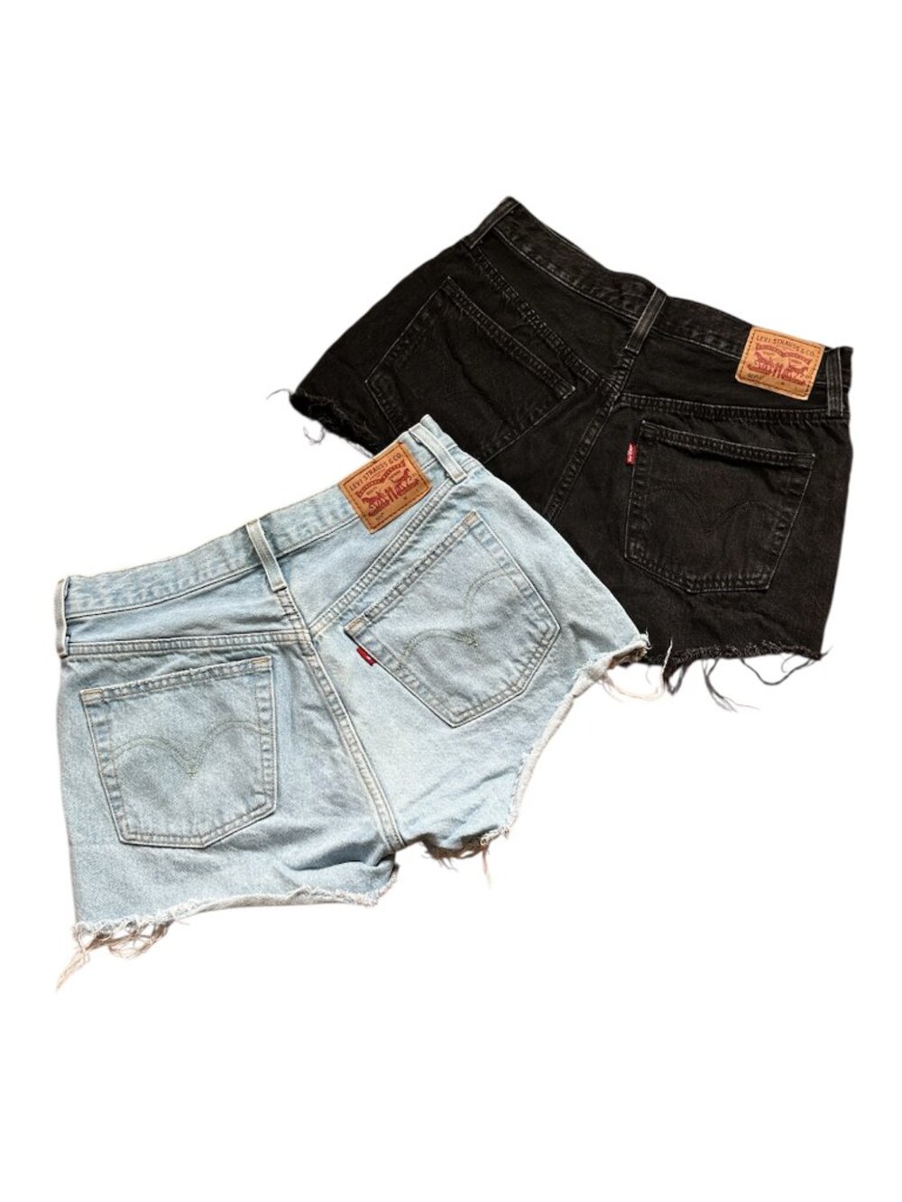 TWO Levis 501 Short Shorts Distressed Button Fly Black Light Blue Wash 28